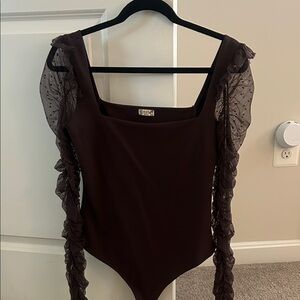 Free People Brown Bodysuit with Sheer Polka Dot Sleeves